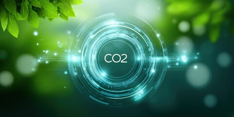 Obraz premium Sustainable carbon reduction concept. A futuristic representation of CO2 surrounded by green leaves, symbolizing the intersection of technology and nature.
