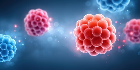 Obraz premium Sustainable carbon reduction concept. A vibrant depiction of microscopic cells, showcasing blue and red spheres against a blurred background, illustrating biological structures at a cellular level.