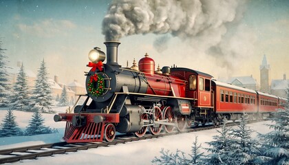 Classic steam train travels through a snowy village during winter season with festive decorations and holiday spirit