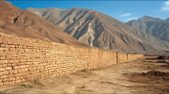 A long weathered mud-brick wall stretches towards distant mountains under a blue sky