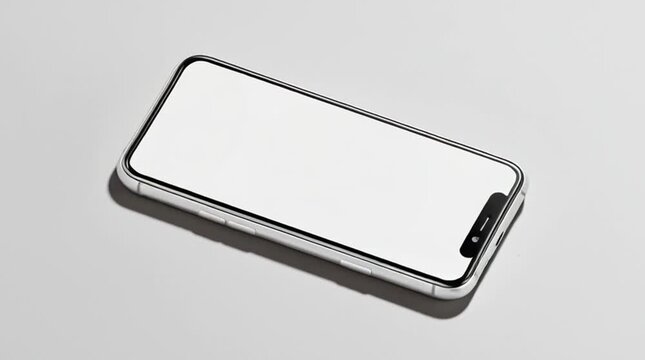 A smartphone with a white screen is lying on a white background. An advertising concept for the sale of smartphones.