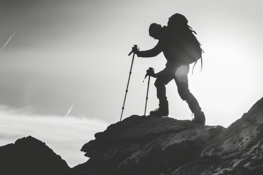 Sillhouette Black and white guy hiking recreation adventure outdoors.