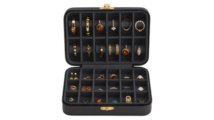 A black jewelry box holding gold rings and earrings, transparent png, isolated.