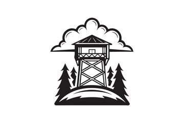 Black tower silhouette stands among trees under a bold, puffy cloud in a nature scene