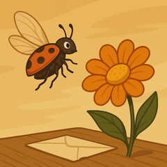 Ladybug Approaching Flower with Mailbox, Delightful Cartoon Scene