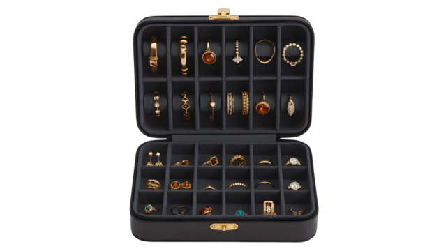 A black jewelry box holding gold rings and earrings, transparent png, isolated.