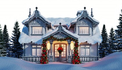 Fototapeta premium Charming winter house adorned with festive decorations in a snowy landscape during a serene holiday season
