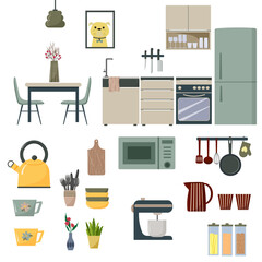 Complete collection of kitchen furniture and utensils, from dining table to cooking appliances. Household items for cooking and dining.