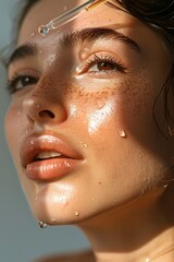 Close up portrait with glowing skin, freckles, and serum drops applied by pipette. Perfect for skincare, beauty, cosmetics, or wellness concepts.