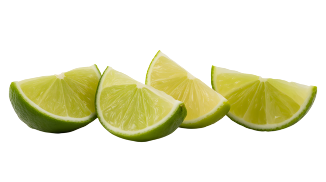 Four fresh lime slices arranged on a black background, transparent png isolated.