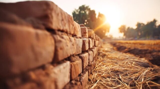 A brick wall in focus with a field in the background, a warm light shining at sunset