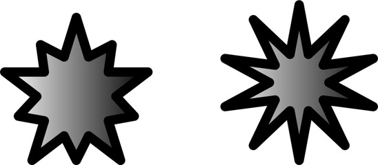 Two starburst shapes, one with 8 points and the other with 10 points, rendered in grayscale with a gradient fill and thick black outlines.