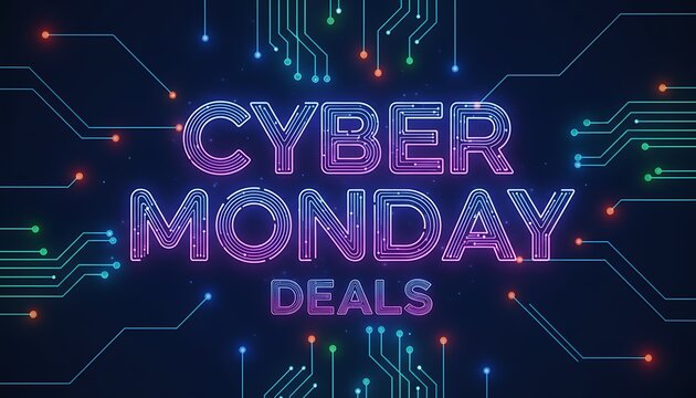 Cyber Monday Deals Explore Spectacular Offers with Neon Glow and Electronic Circuitry for a Tech-Savvy Shopping Experience