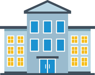 Flat design vector illustration of a modern multi-story building with numerous windows and distinct entrance. suitable for education or business uses.