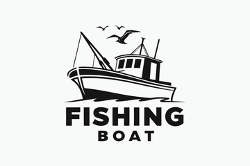 Fototapeta premium Fishing boat sailing on the water with birds in the sky is represented in black