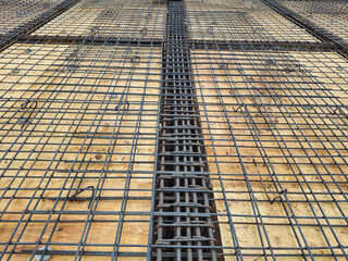 Reinforcement metal framework for concrete pouring. Ready for filling up with concrete.