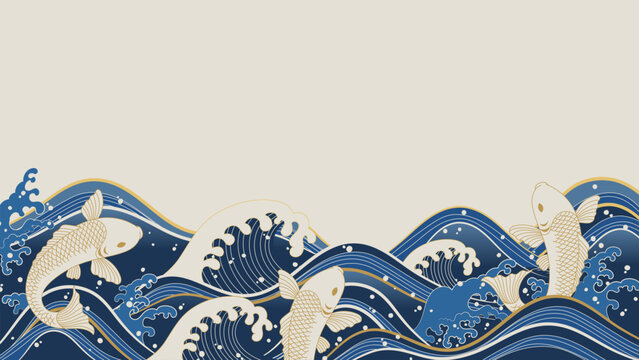 Oriental wave vector background with blue sea and golden koi fish on beige tone &mdash; calm elegant design for packaging, wallpaper and modern decoration.