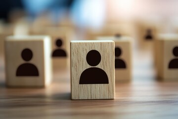 Human Icon Block: A wooden block featuring a human icon prominently stands out amid a blurred array of similar blocks, symbolizing an individual's unique presence within a larger group.