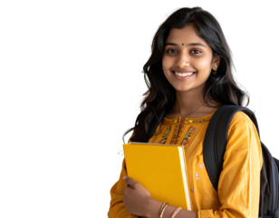 Portrait of a happy young Indian female student holding a book. Cheerful woman isolated on a transparent background.
