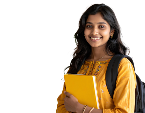 Portrait of a happy young Indian female student holding a book. Cheerful woman isolated on a transparent background.