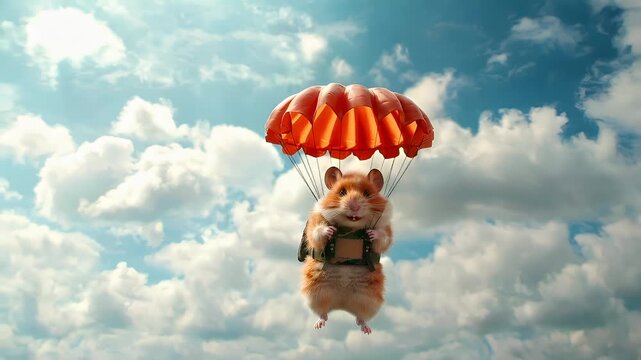 A vivid, highresolution digital artwork of a hamster parachuting into the sky. The hamster is depicted in a dynamic pose, with its arms outstretched and legs extended, as if in midflight.