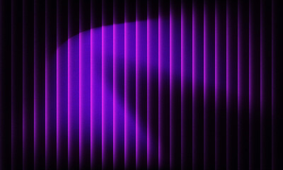 Vibrant purple light streaks across dark vertical blinds creating dynamic abstract pattern