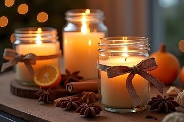 simple cozy Creative handmade christmas home decor decorations simple glass jars with aroma candles decorated with a ribbon, cinnamon, anise, dry orange