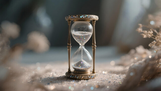 A small, decorative hourglass with glittering sand, marking the passage of time