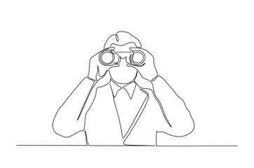 Man spy looking through binoculars in continuous one line drawing. Single line art illustration of Man observe with binoculars. Editable vector.
