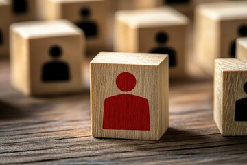 Individual Distinction: A single wooden block stands out from the crowd, marked with a unique symbol, set against a backdrop of similar blocks.