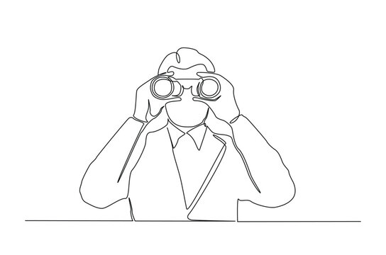 Man spy looking through binoculars in continuous one line drawing. Single line art illustration of Man observe with binoculars. Editable vector.