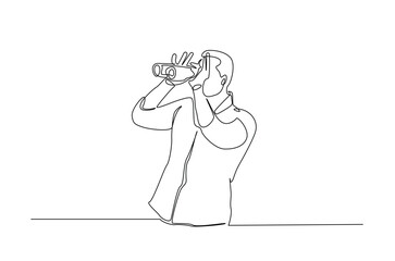 Man spy looking through binoculars in continuous one line drawing. Single line art illustration of Man observe with binoculars. Editable vector.