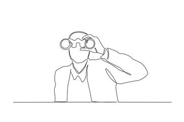 Man spy looking through binoculars in continuous one line drawing. Single line art illustration of Man observe with binoculars. Editable vector.