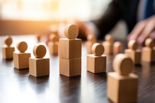Leadership Dynamics: A close-up view captures a collection of wooden figurines, with one figure prominently positioned atop others, symbolizing leadership, hierarchy.