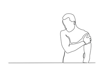 Dislocation of the shoulder in continuous one line drawing. Single line art illustration of Man suffering from pain in shoulder. Editable vector.