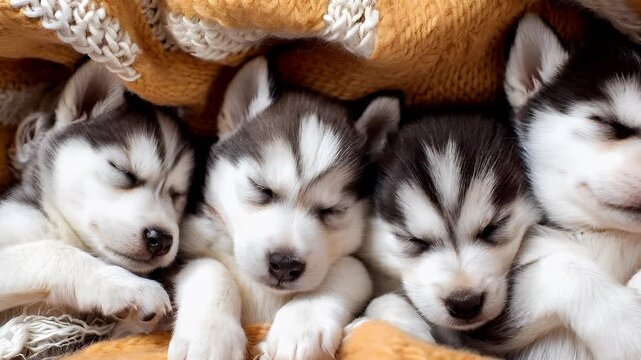 A closeup of a group of husky puppies resting on a knitted blanket. The puppies are snuggled up close to each other, with their eyes closed, suggesting a moment of rest or relaxation.