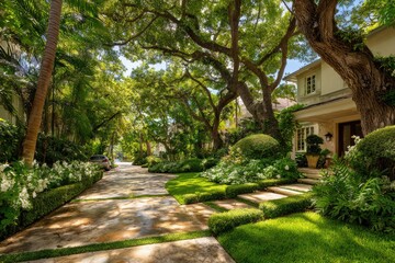 Lush, sun-drenched street lined with stately homes and lush landscaping