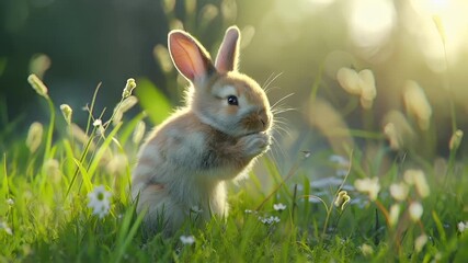 A closeup of a rabbit in a grassy field during what appears to be the golden hour. The rabbit is captured in a side profile, with its ears perked up.