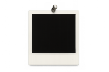 Blank instant frame attached with a pushpin, creating a template for memories and retro concepts on a transparent background