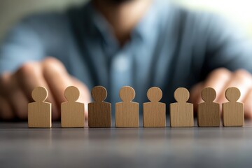 Diversity and Inclusion in the Workplace: A human hand carefully arranges a row of diverse wooden figures, representing the importance of inclusion and representation in the professional sphere.