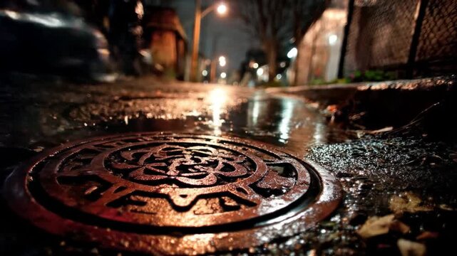 A rainy night scene focuses on a manhole cover on a wet street. Lights are blurred in background