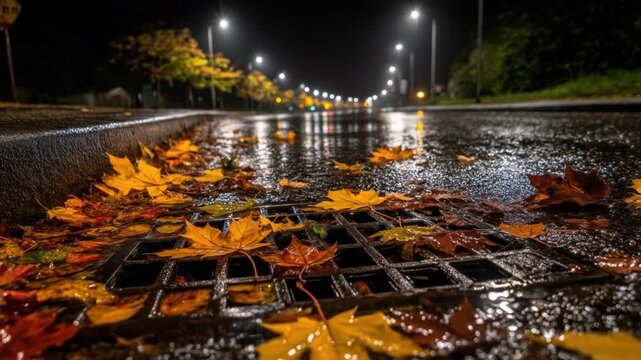 A close-up shot of a street grate covered with vibrant autumn leaves in the evening, illuminated by streetlights