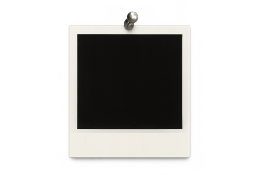 Blank instant frame attached with a pushpin, creating a template for memories and retro concepts on a transparent background