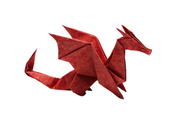 red origami folded paper dragon isolated on white or transparent png