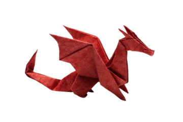 red origami folded paper dragon isolated on white or transparent png