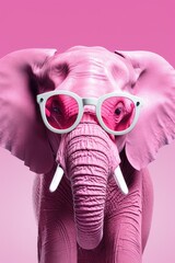 Pink elephant with white sunglasses on a pink backdrop.