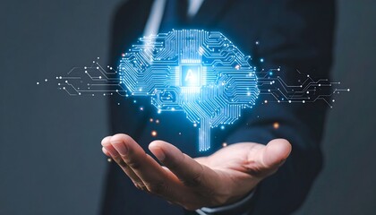A person in a suit holds out a hand, presenting a glowing, blue digital circuit board brain with an "AI" chip at its center. This symbolizes Artificial Intelligence, technology, business innovation