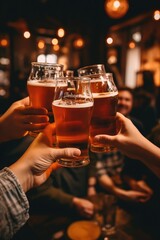 Friends toasting with craft beers in a cozy pub.