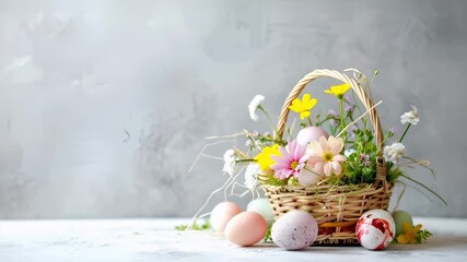 Easter bunny. A closeup of a basket filled with flowers and eggs. The basket is made of woven material and has a handle on the top. The eggs are of various colors, including pink, white. - Powered by Adobe
