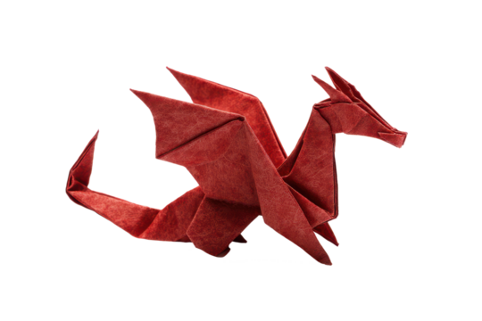 red origami folded paper dragon isolated on white or transparent png - Powered by Adobe